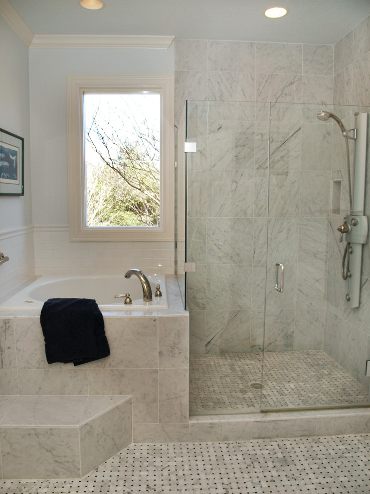 Mid-sized elegant master gray tile and marble tile marble floor bathroom photo in Austin with white cabinets, white walls, marble countertops, raised-panel cabinets and a drop-in sink