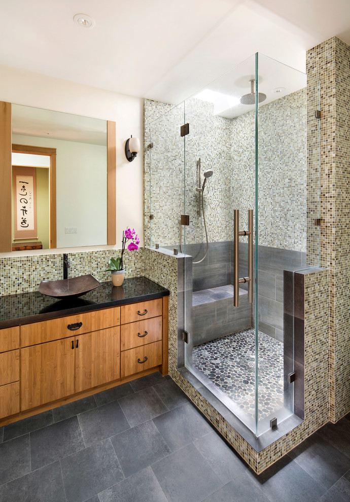 Inspiration for a timeless mosaic tile corner shower remodel in San Francisco with a vessel sink