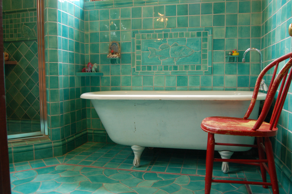 Inspiration for a timeless mosaic tile turquoise floor claw-foot bathtub remodel in Other