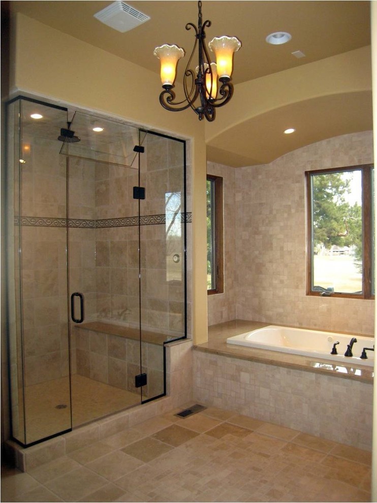 Bathroom - mid-sized traditional stone tile travertine floor bathroom idea in Denver