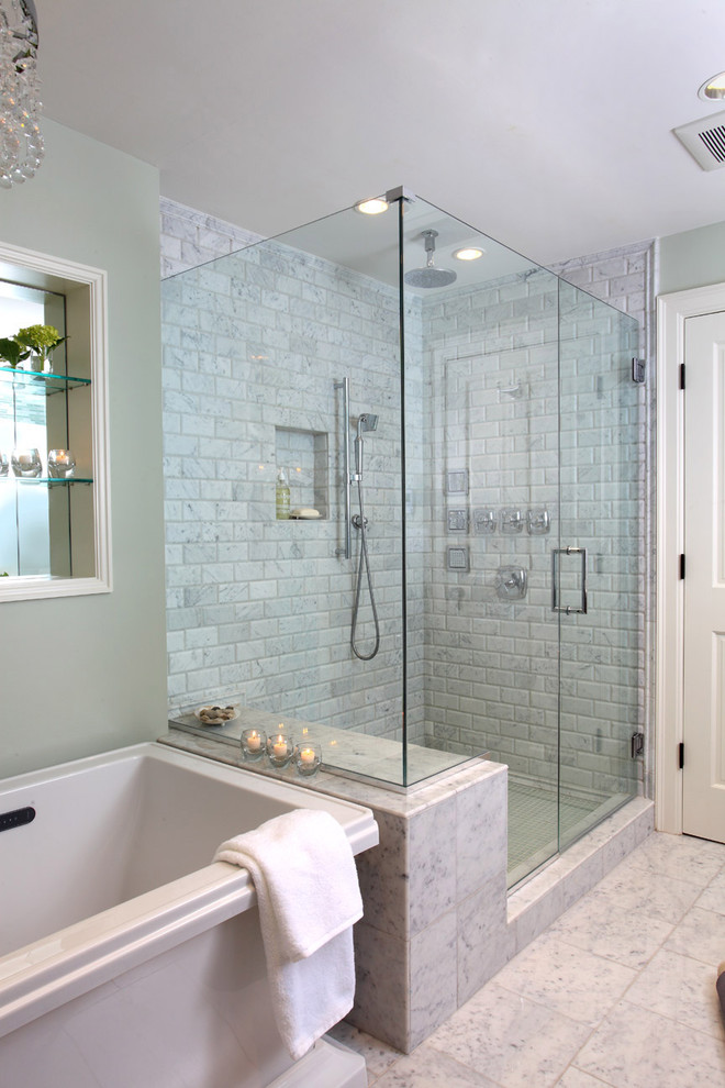 Design ideas for a traditional bathroom in Boston with stone tiles.