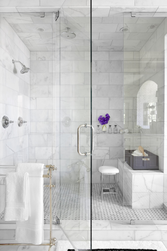 Inspiration for a timeless white tile and marble tile bathroom remodel in Atlanta