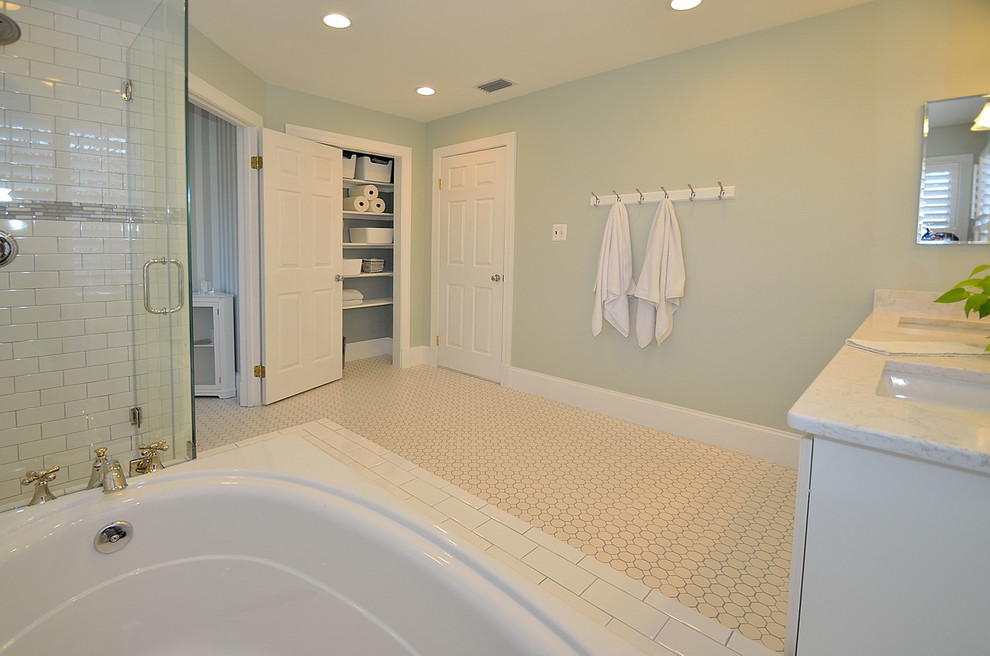 Example of a mid-sized classic kids' white tile and mosaic tile ceramic tile bathroom design in DC Metro with an integrated sink, raised-panel cabinets, a two-piece toilet and white cabinets