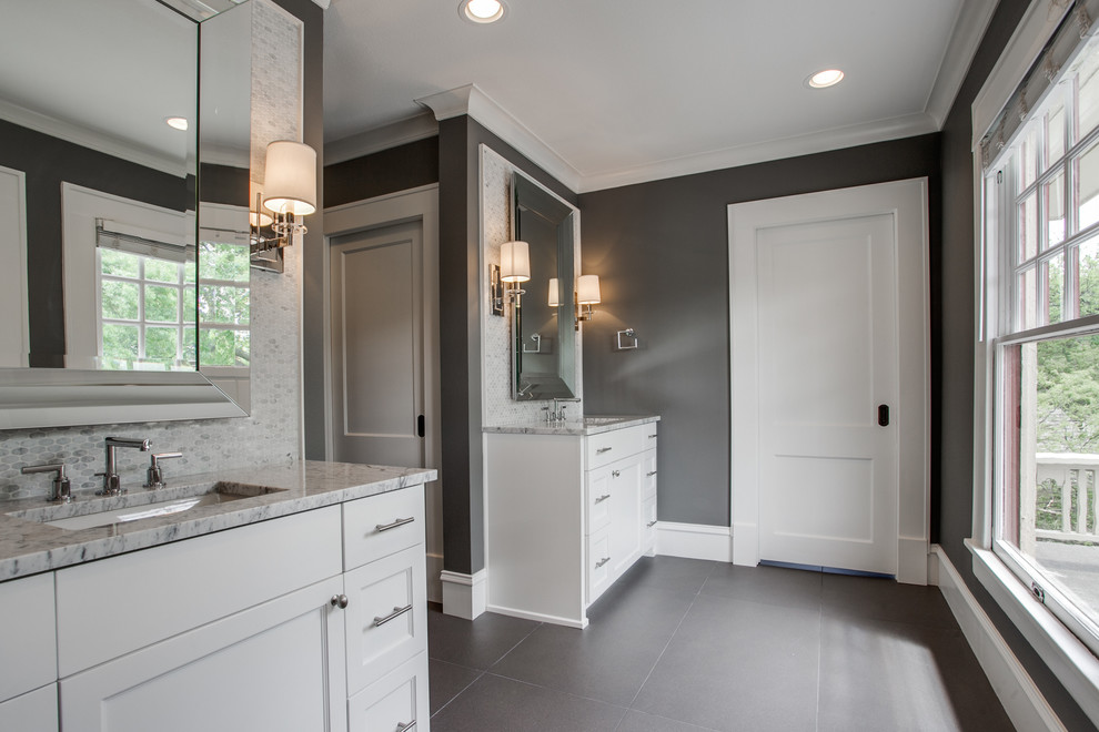 Bathroom - large traditional master gray tile, white tile and mosaic tile ceramic tile bathroom idea in Dallas with recessed-panel cabinets, white cabinets, gray walls, an undermount sink and granite countertops
