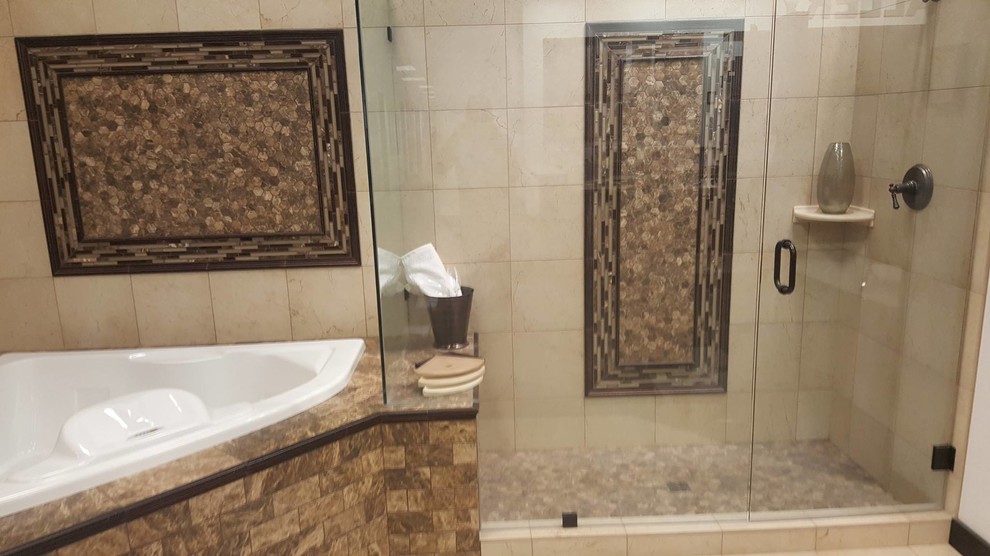 Example of a large classic master beige tile, brown tile, gray tile and multicolored tile porcelain tile bathroom design in Phoenix with flat-panel cabinets, dark wood cabinets, beige walls and a trough sink
