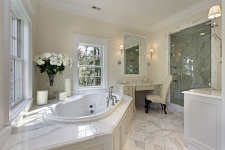 Built-in bathroom storage shelf above jacuzzi bathtub - Traditional -  Bathroom - Detroit - by ASA Cabinets Corp