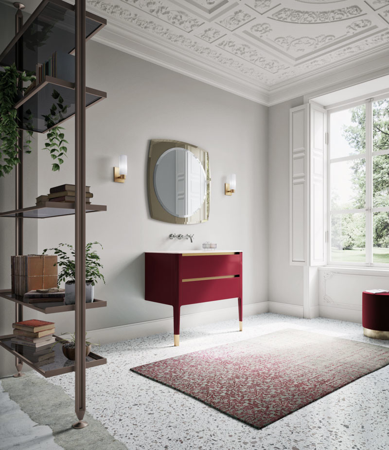 Идея дизайна: большая главная ванная комната в классическом стиле с плоскими фасадами, красными фасадами, отдельно стоящей ванной, серыми стенами, полом из терраццо, монолитной раковиной и белым полом