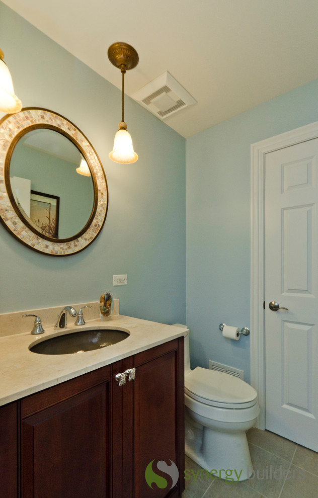 Small elegant 3/4 green tile porcelain tile bathroom photo in Chicago with an undermount sink, raised-panel cabinets, dark wood cabinets, marble countertops, a two-piece toilet and blue walls