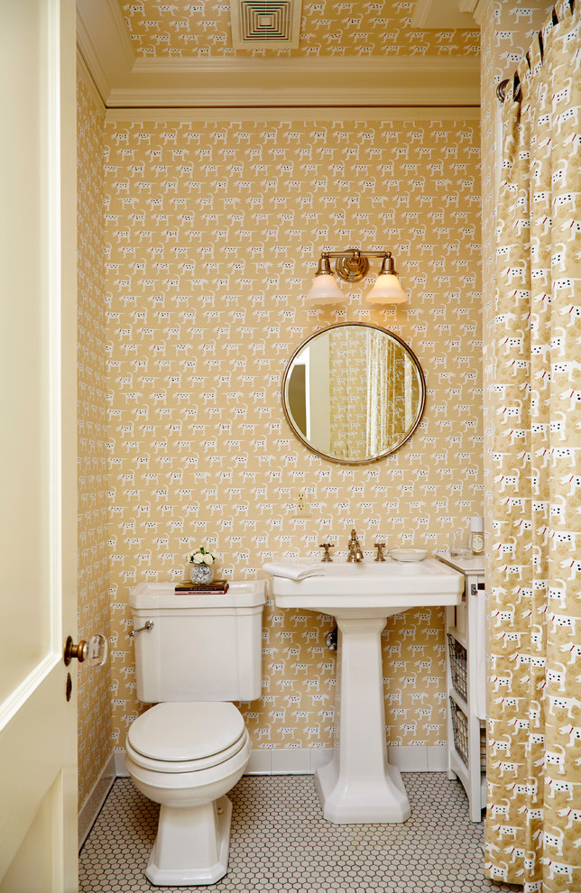 Design ideas for a traditional bathroom in Atlanta with white cabinets, mosaic tiles, multi-coloured walls, mosaic tile flooring, a pedestal sink and white tiles.