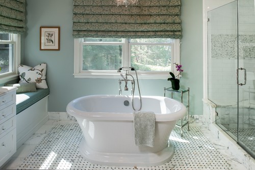 Bathroom with Benjamin Moore Quiet Moments Paint Color: pale blue paint color inspiration for a tranquil and serene room.