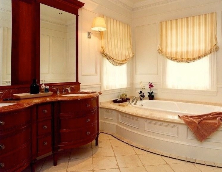 Example of a large classic master limestone floor and beige floor open shower design in Toronto with furniture-like cabinets, medium tone wood cabinets, an undermount tub, white walls, an undermount sink, marble countertops and brown countertops