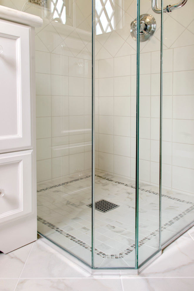 Design ideas for a small traditional shower room bathroom in Los Angeles with a submerged sink, shaker cabinets, white cabinets, marble worktops, a corner shower, a two-piece toilet, white tiles, ceramic tiles, grey walls and marble flooring.