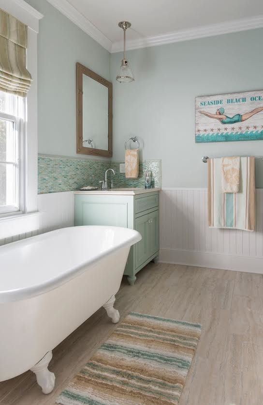 Example of a mid-sized beach style master blue tile and mosaic tile porcelain tile claw-foot bathtub design in Providence with shaker cabinets, blue cabinets, blue walls and an undermount sink