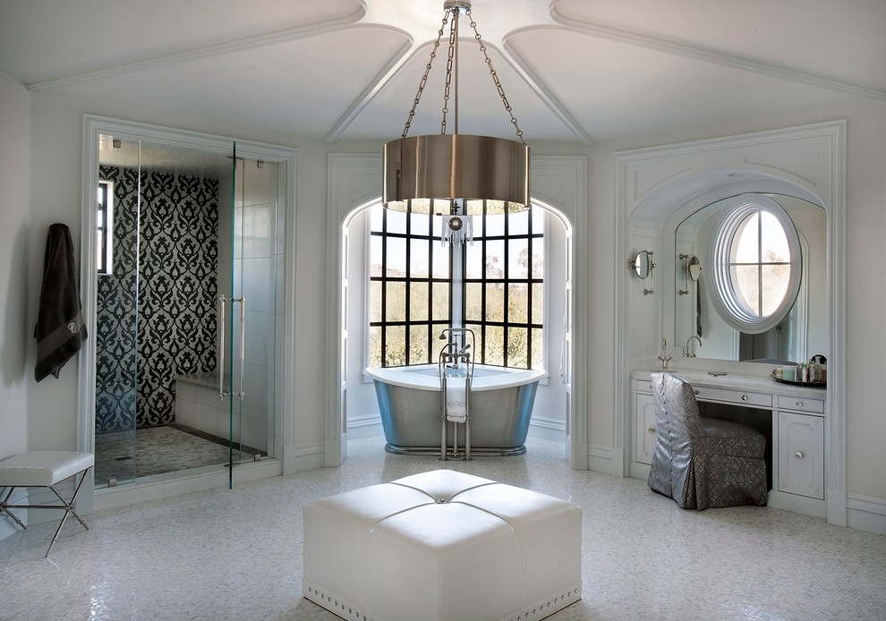 Example of a huge transitional master black and white tile mosaic tile floor bathroom design in Phoenix with recessed-panel cabinets, white cabinets, white walls, marble countertops and a hinged shower door