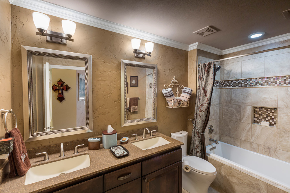 Elegant kids' beige tile bathroom photo in Dallas with quartzite countertops