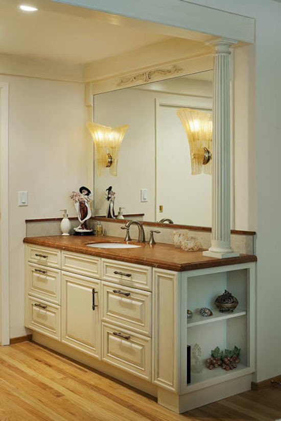 Inspiration for a large timeless master bathroom remodel in San Francisco with beige walls and a drop-in sink
