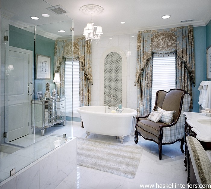 Mid-sized elegant master white tile and mosaic tile marble floor bathroom photo in Other with an undermount sink, furniture-like cabinets, dark wood cabinets, marble countertops, a two-piece toilet and blue walls