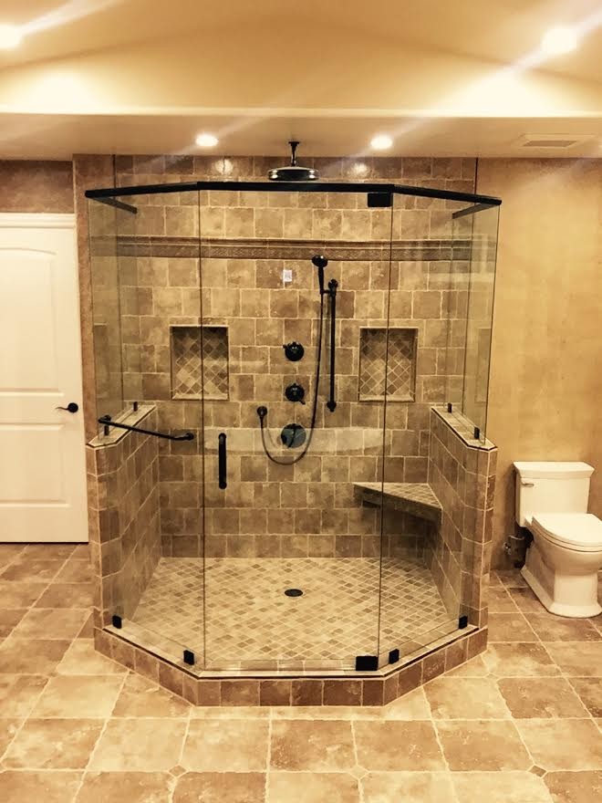 Inspiration for a traditional ensuite bathroom in San Francisco with raised-panel cabinets, light wood cabinets, a claw-foot bath, a walk-in shower, brown tiles, ceramic tiles, brown walls, ceramic flooring, a submerged sink, granite worktops, brown floors and a hinged door.