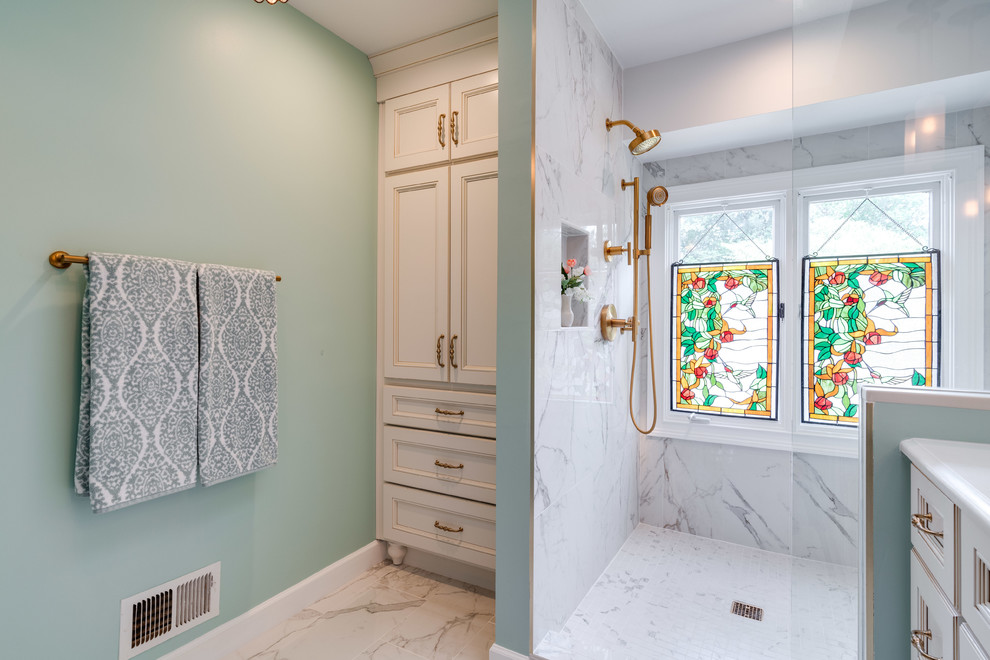 Large traditional ensuite bathroom in DC Metro with recessed-panel cabinets, a corner shower, a submerged sink, engineered stone worktops and a hinged door.