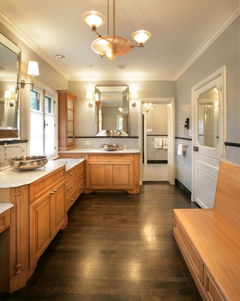Example of a trendy bathroom design in Milwaukee with a vessel sink