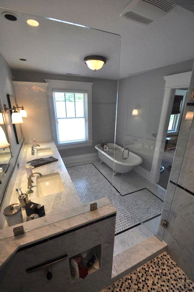Example of a large trendy master white tile marble floor bathroom design in Boise with gray walls, an undermount sink, marble countertops, recessed-panel cabinets and white cabinets