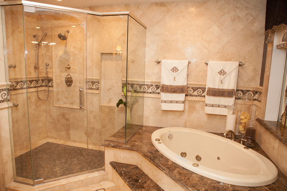 Example of a mid-sized classic master beige tile and stone tile marble floor bathroom design in Chicago with an undermount sink, furniture-like cabinets, brown cabinets, marble countertops, a two-piece toilet and beige walls