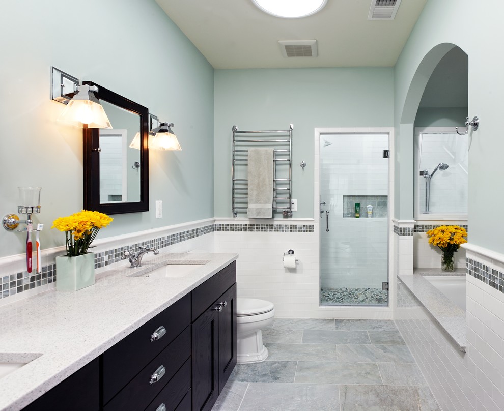 Large tuscan master white tile and ceramic tile marble floor bathroom photo in DC Metro with recessed-panel cabinets, dark wood cabinets, quartz countertops, an undermount sink and green walls