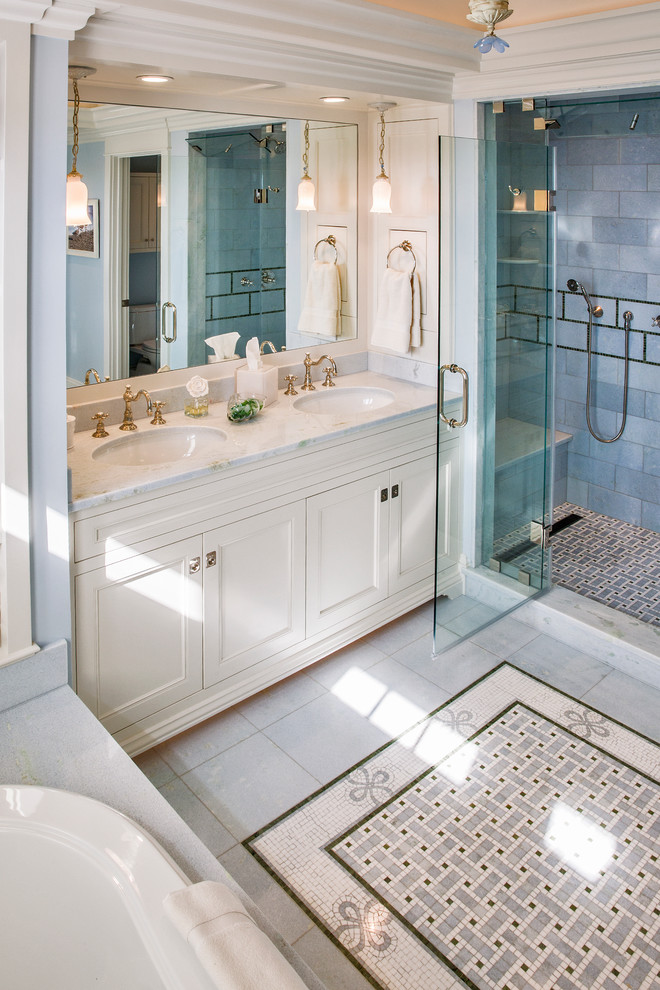 Example of a huge trendy master multicolored tile and porcelain tile bathroom design in New York with white cabinets, marble countertops and recessed-panel cabinets