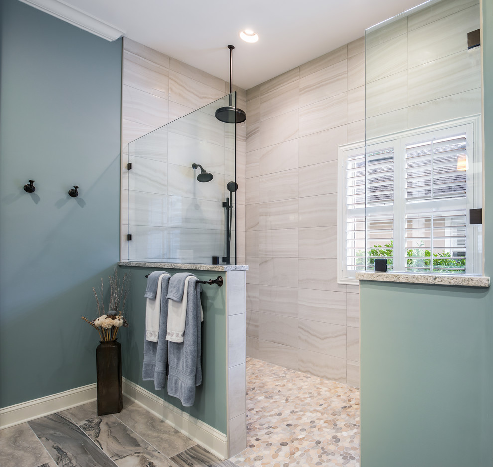 Inspiration for a nautical bathroom in Jacksonville with recessed-panel cabinets, blue cabinets, a walk-in shower, a two-piece toilet, green tiles, porcelain tiles, blue walls, porcelain flooring, a submerged sink, engineered stone worktops, blue floors, an open shower and multi-coloured worktops.