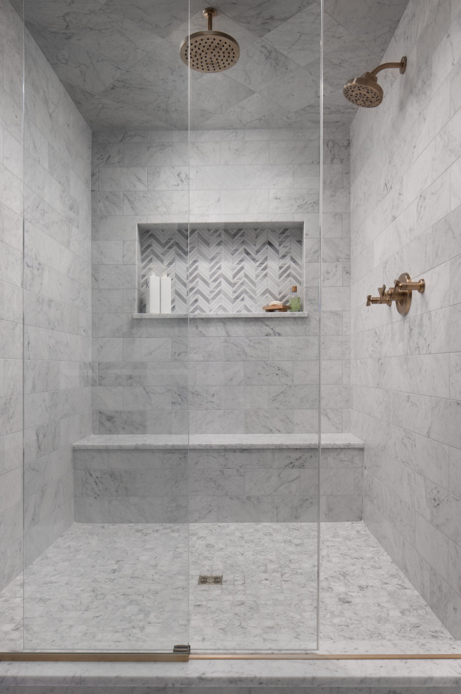 Example of a huge transitional master gray tile and marble tile marble floor, gray floor and single-sink bathroom design in Other with recessed-panel cabinets, dark wood cabinets, a two-piece toilet, gray walls, an undermount sink, granite countertops, white countertops and a freestanding vanity