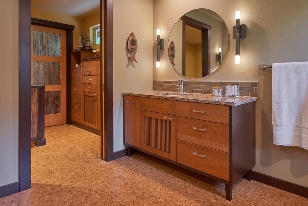 Example of a large master multicolored tile and ceramic tile cork floor japanese bathtub design in Portland with flat-panel cabinets, medium tone wood cabinets, an undermount sink and quartz countertops