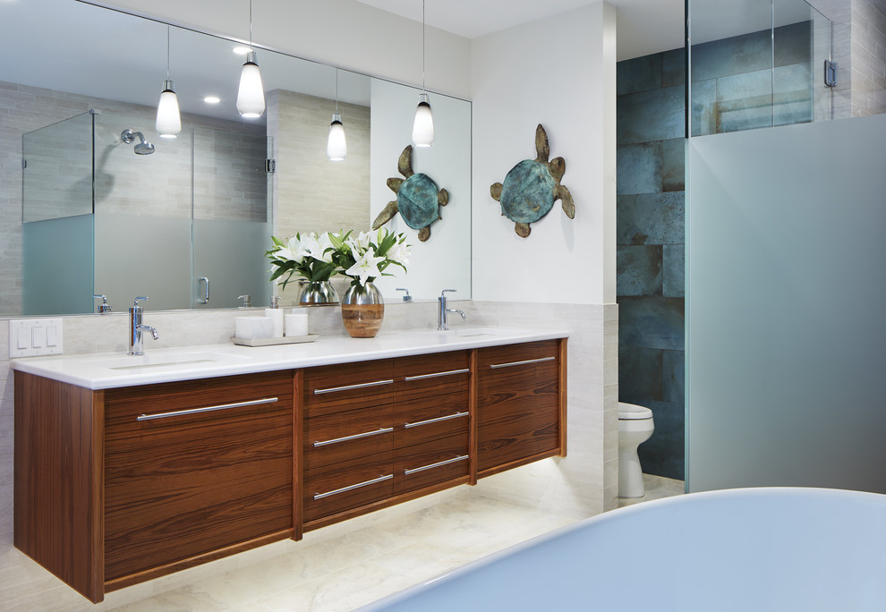 Inspiration for a medium sized contemporary ensuite bathroom in Minneapolis with freestanding cabinets, medium wood cabinets, a freestanding bath, a corner shower, a two-piece toilet, ceramic tiles, white walls, marble flooring, a submerged sink and marble worktops.