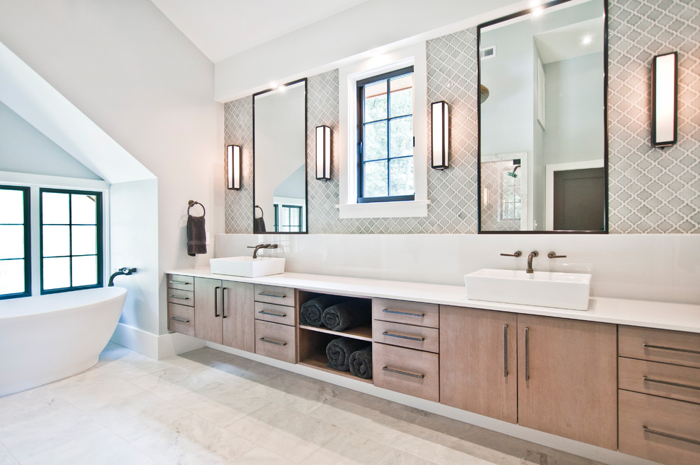 Example of a large eclectic master white tile and marble tile marble floor and white floor bathroom design in Nashville with flat-panel cabinets, distressed cabinets, white walls, a vessel sink, quartz countertops, a hinged shower door and white countertops
