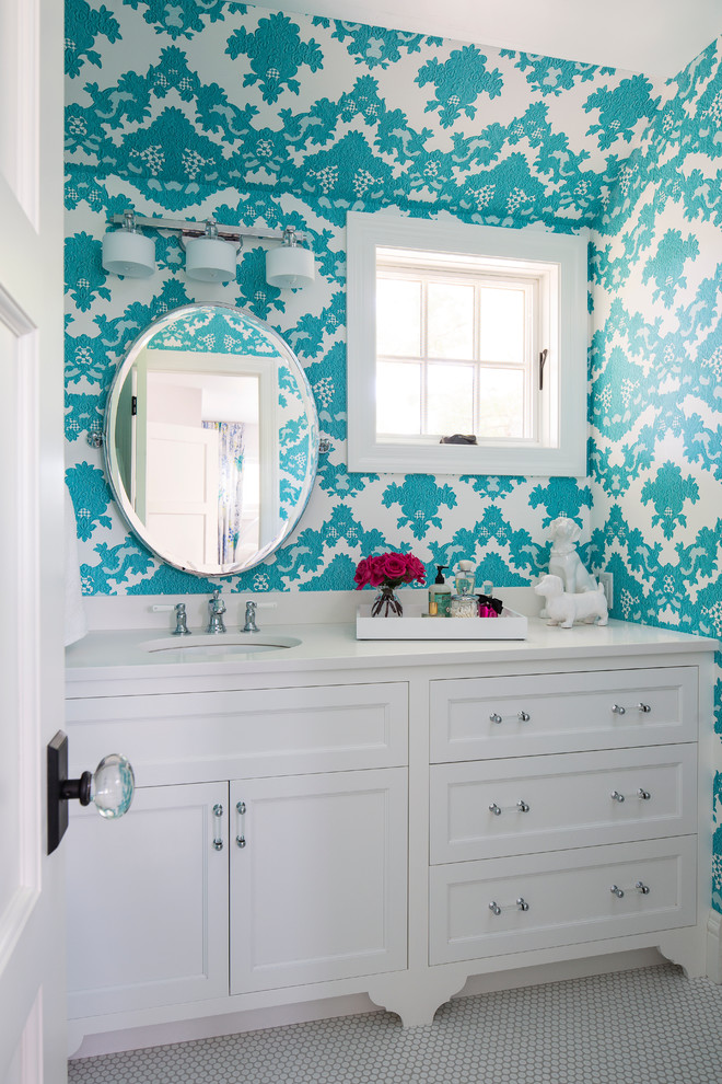 Example of a transitional kids' white tile bathroom design in Minneapolis with white cabinets and multicolored walls