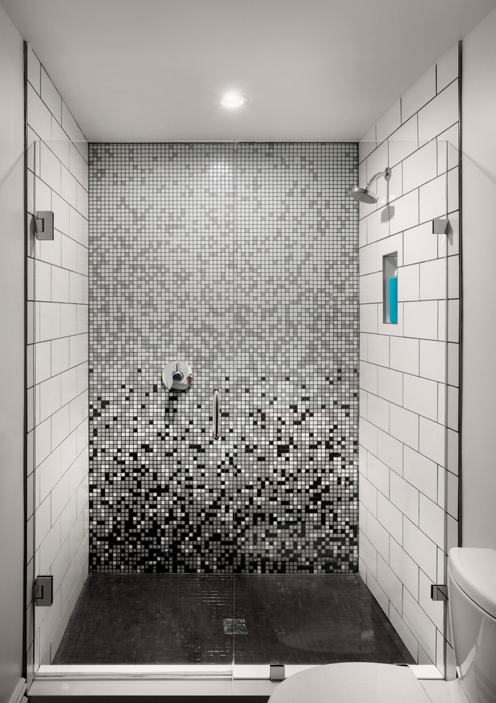 Photo of a small traditional bathroom in Denver with an alcove shower, white tiles, metro tiles, white walls and cement flooring.