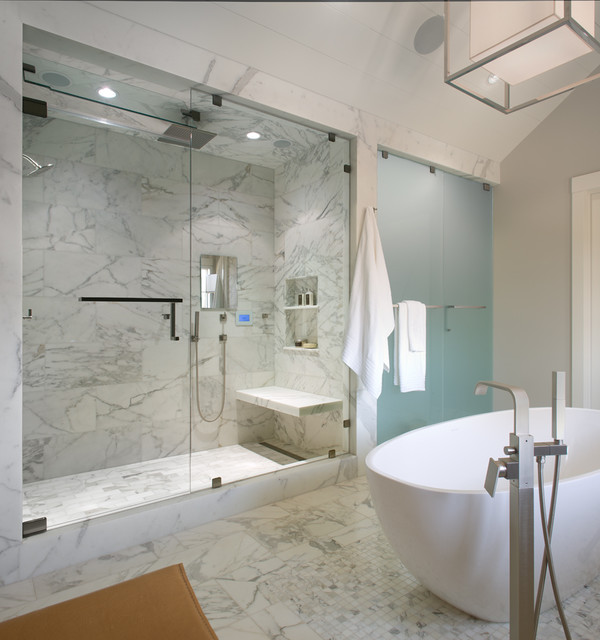 Shower with Marble Floating Shower Bench - Transitional - Bathroom