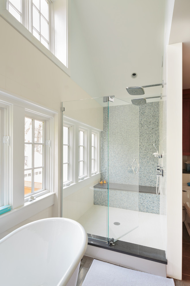Design ideas for a traditional bathroom in Boston with a double shower, mosaic tiles and a shower bench.
