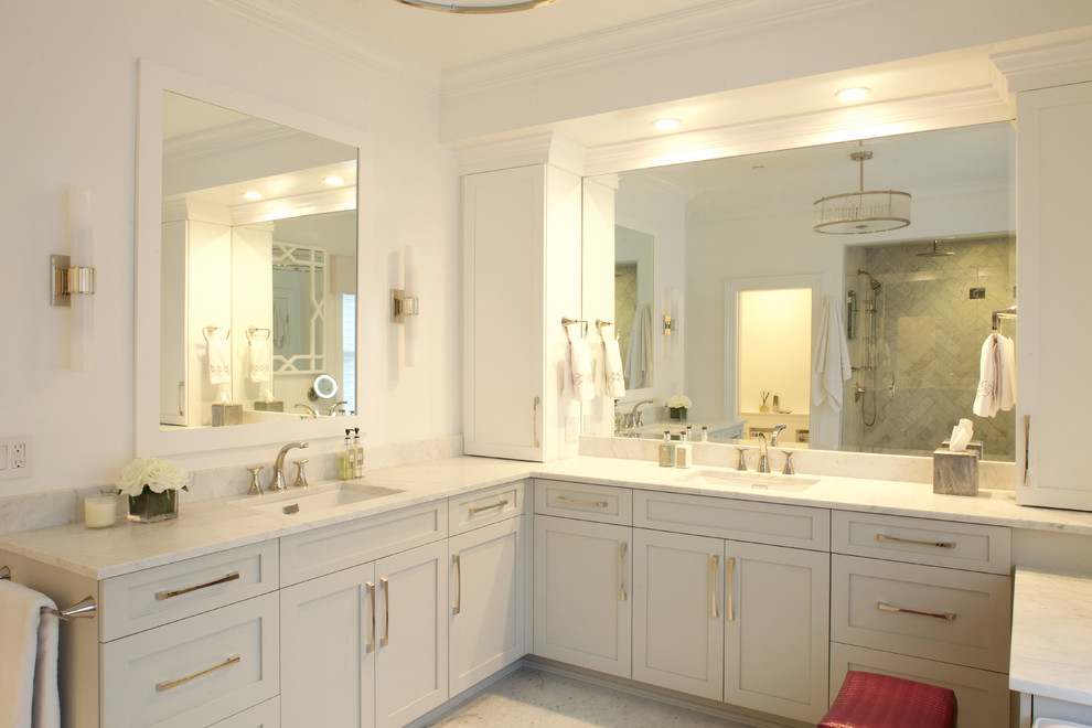 Large transitional master white floor bathroom photo in New York with shaker cabinets, white cabinets, an undermount sink, quartzite countertops and white walls