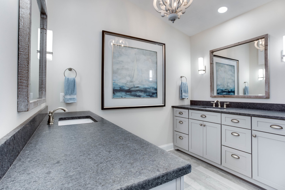 Example of a large transitional master bathroom design in Baltimore with shaker cabinets, gray cabinets and granite countertops