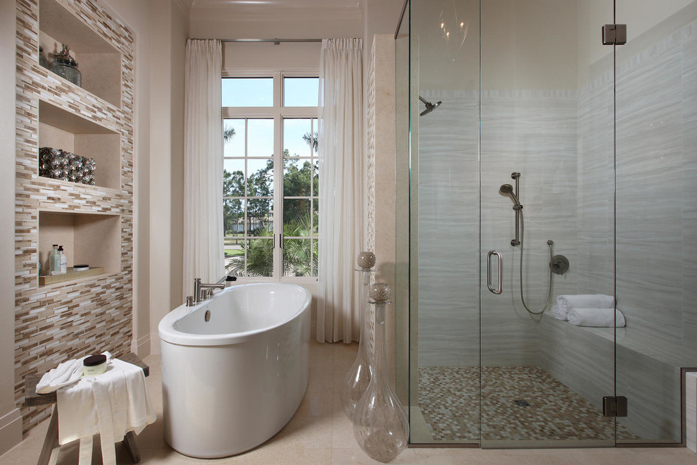 Design ideas for a traditional bathroom in Miami with a hinged door.