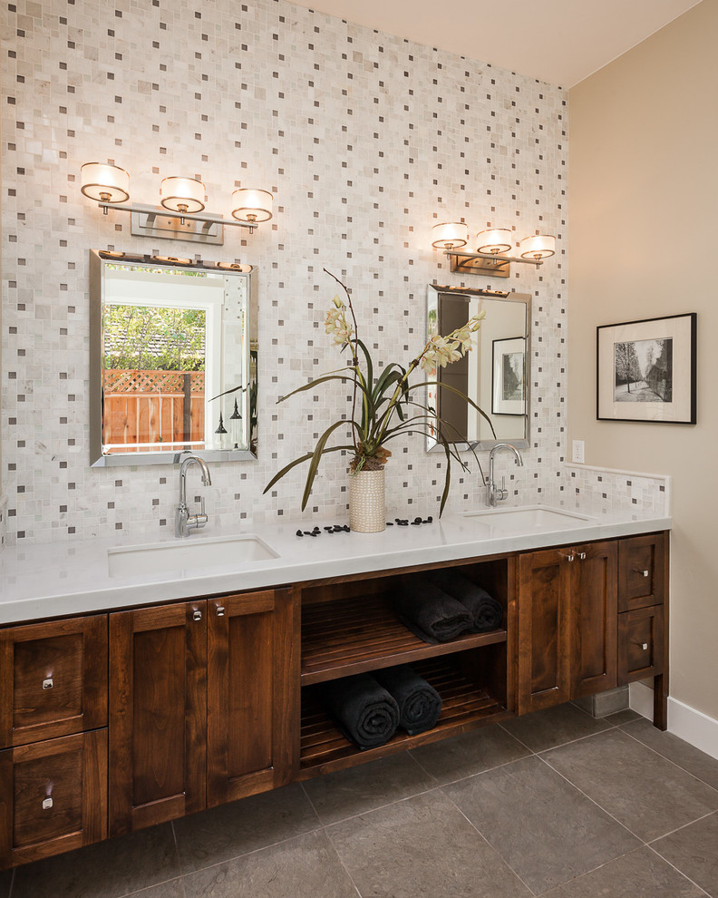 Example of a transitional master white tile and mosaic tile ceramic tile bathroom design in Other with shaker cabinets, dark wood cabinets, beige walls, an undermount sink and marble countertops