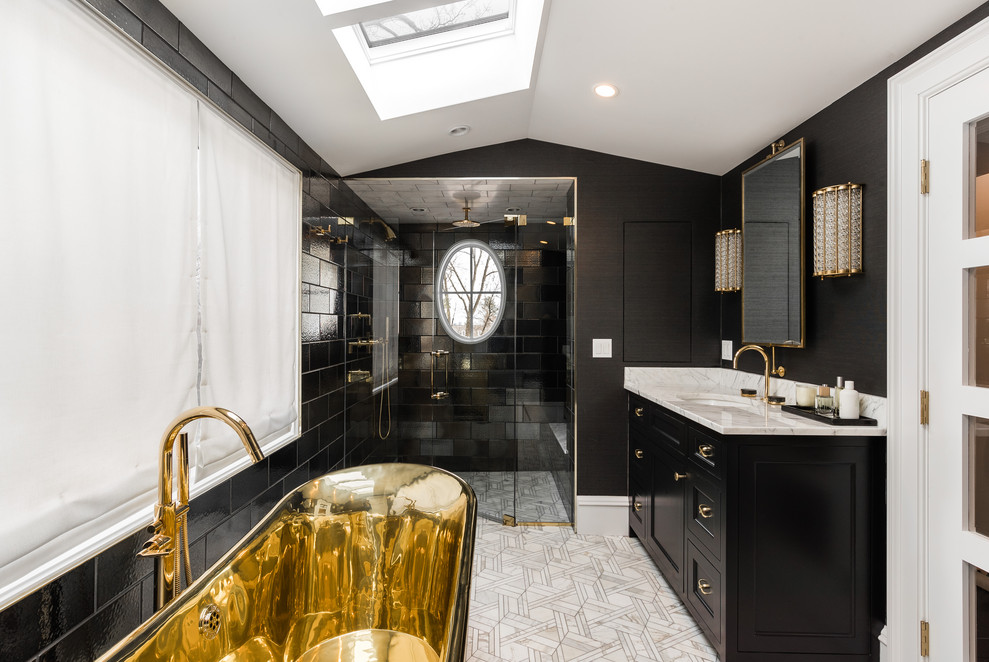 Design ideas for a small traditional ensuite bathroom in New York with flat-panel cabinets, black cabinets, a freestanding bath, an alcove shower, a two-piece toilet, black tiles, metro tiles, black walls, mosaic tile flooring, a submerged sink, marble worktops, white floors, a hinged door and white worktops.