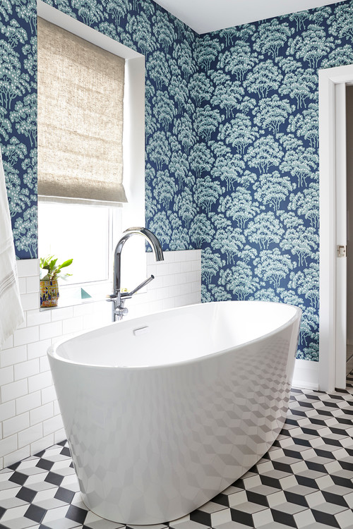 Blue Wallpaper Bliss with White Subway Tiles
