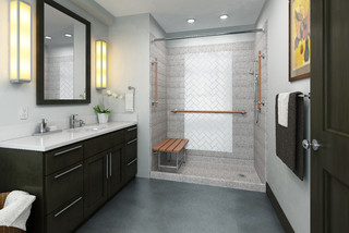 shower with wooden grab bars