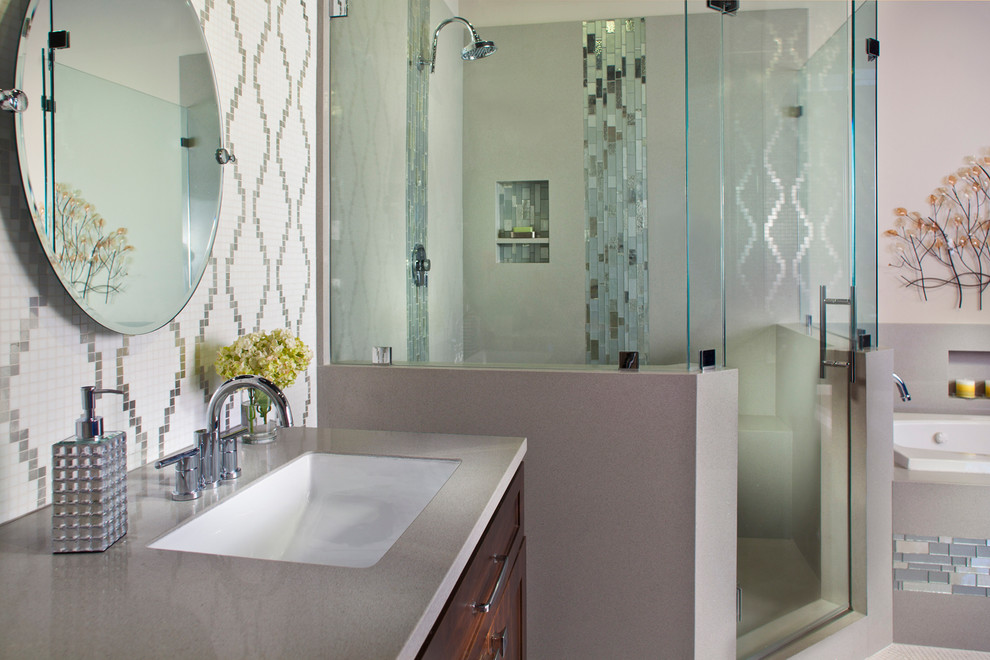 Inspiration for a large transitional master multicolored tile and glass tile bathroom remodel in Miami with an undermount sink, shaker cabinets, medium tone wood cabinets, recycled glass countertops and white walls