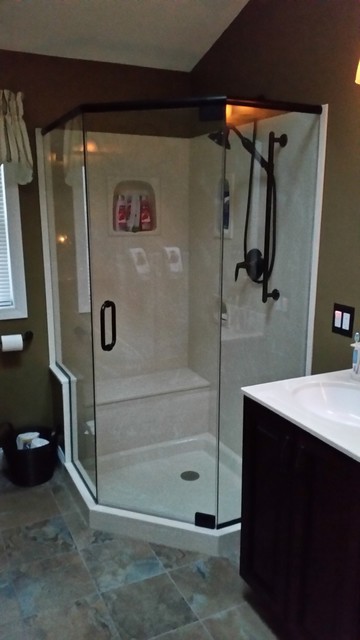 Transitional Corner shower bathroom remodel w/solid surface counter top ...