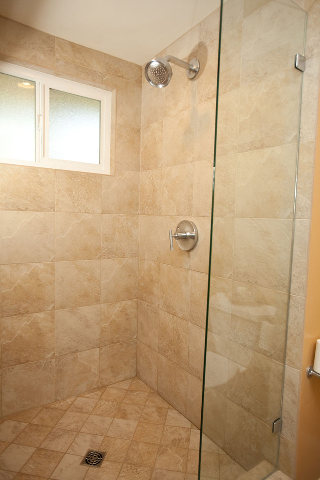 Alcove shower - contemporary beige tile alcove shower idea in Los Angeles