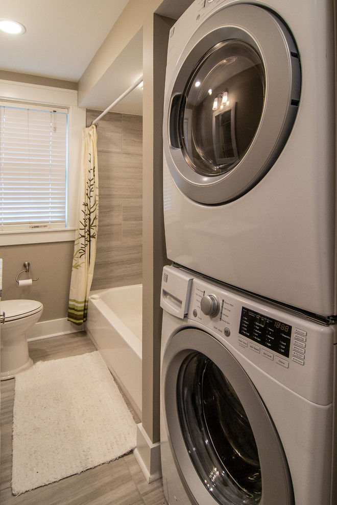 Transitional guest bath with a spa like feel and built in space for