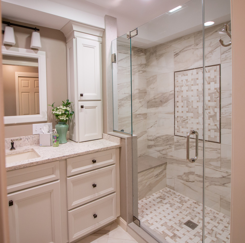 Transitional Hollow White Paint Finish Bath Remodel W/ Basket Weave ...