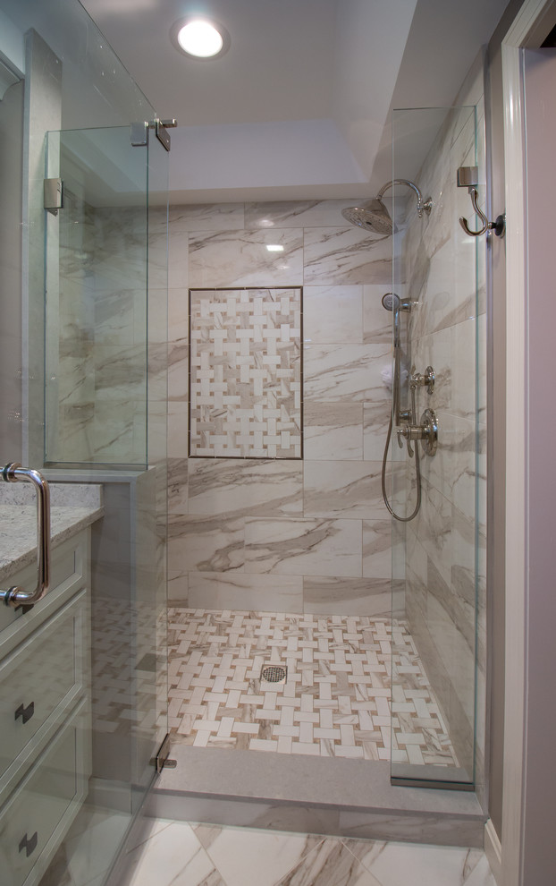 Transitional Hollow White Paint Finish Bath Remodel W/ Basket Weave